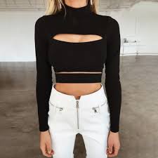 The quickest way to a crop top is to just crop a top, take scissors to it and go. Andrea Cut Out Turtle Neck Crop Top Long Sleeve Sweater Top Glamanti Beauty