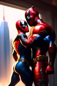 Lexica - thin muscular spiderman kissing muscular deadpool