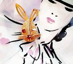 Vintage 1960s Novelty Gold Metal Rabbit Pin With A Red Rhinestone Eye By Sarah  Coventry