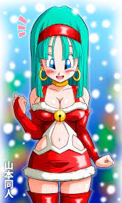 yamamoto doujin, bra (dragon ball), dragon ball, dragon ball gt, absurdres,  highres, 1girl, blue eyes, blue hair, blush, breasts, christmas, cleavage,  embarrassed, female focus, large breasts, shiny skin, swimsuit, text focus -