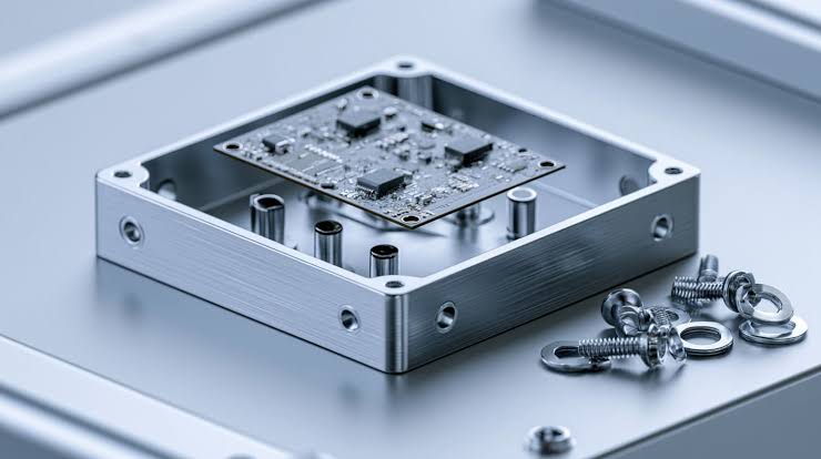  Cross-section view showing PCB mounted inside CNC machined aluminum enclosure with clearance callouts