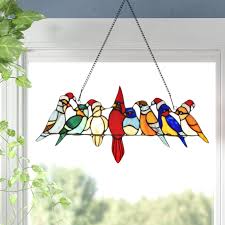 Birds On A Wire Stained Glass Hanging Panel Santa Birds On Wire Stained Glass Window Panel Tiffany Stained Glass Stained Glass Panels Glass Wall Art