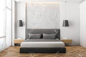 Front View Of Modern Bedroom With White And Stone Walls Wooden Bedroom Wood Floor Modern Bedroom Modern White Bedroom