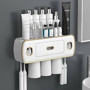 All-in-one automatic toothpaste dispenser and bathroom organizer set, AI generated
