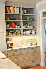 gray cabinets, open shelves, and a desk