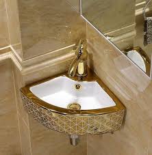 Ceramic Corner Wall Hanging Wall Mount Counter Top Wash Basin Bathroom Sink For Lavatory Golden White Color 33 X 33 X 13 Cm In 2020 Wash Basin Sink Design Washbasin Design
