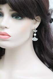 Silver Crystal Fan Art Deco Earrings Vintage Style Wedding Earrings Dangle  Bridesmaid Earrings 1920s Pearl Wedding Jewelry Gift for Her