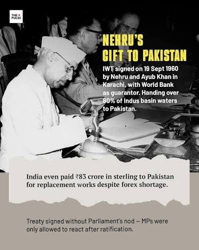 In 1960 Jawaharlal Nehru sealed the Indus Waters Treaty with Pakistan  gifting 80 percent of the basin's waters and even paying ₹83 crore sterling  without informing Parliament. Across party lines MPs condemned