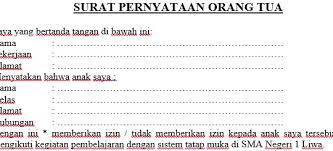 Surat Pernyataan Orang Tua Izin Pembelajaran Tatap Muka Sman 1 Liwa Official