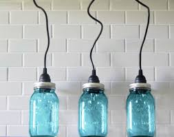 3 hanging large blue mason jar pendant