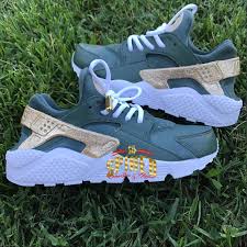 Custom Olive Green And Gold Glitter Nike Air Huaraches With Nike Air Huarache Huaraches Womens Shoes Wedges
