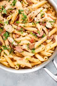 Reduce the heat to medium and add the chicken to the pan. This Chicken And Chorizo Pasta Recipe Is Flavorful Easy And Comes Together Fast Perfect For A Chicken And Chorizo Pasta Chicken Pasta Recipes Chorizo Pasta