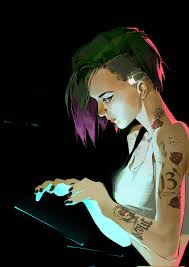 yannn, judy alvarez, cyberpunk (series), cyberpunk 2077, commentary,  corrupted twitter file, highres, 1girl, arm tattoo, black background, black  nails, breasts, closed mouth, gradient hair, green hair, medium breasts,  multicolored hair, nail polish,