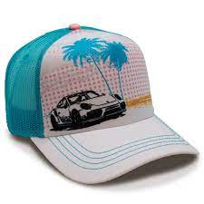 This Summer Hat With Blue Rear Grille Has A Very Fresh Pattern With A Luxury Porsche Model Semi Antique Car With Palm Trees And Sea In T Top Hat Hats Hat Shop