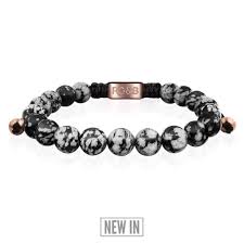 Ruby snowflake obsidian 925 silver overlay bracelet jewelry sz adjustable. Snowflake Obsidian Bead Bracelet Rosegold Black