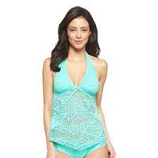 Aqua Green Crochet Inset Halter Tankini Swim Top Mossimo Tankini Swim Tops Tankini Halter Tankini