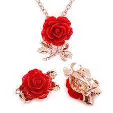 Red Flower Jewelry Set Rose Gold Plated Pendant Necklace Matching Clip On Earrings C012n9mib6s Silver Jewelry Design Jewelry Design Bride Jewelry Set