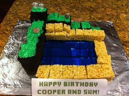Minecraft Cake Jello Rice Krispy Treats Chocolate Cake Cubes Add Some Printed Paper Pigs Cows And Chickens Ha Minecraft Cake Rice Krispie Treats Cake