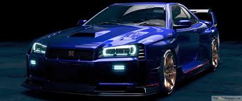 Blue modified nissan skyline r34 4K wallpaper download
