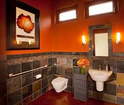 25 Bathrooms That Beat The Winter Blues With A Splash Of Color Orange Bathrooms Orange Bathroom Walls Bathroom Decor