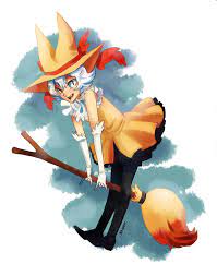 1girl M Artist Name Black Legwear Braixen Broom Broom Riding Dress Elbow Gloves Gloves Hat Jumpix Nintendo Pantyhose Pers Pokemon Witch Hat Pokemon Fire Type