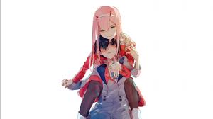 Darling in the franxx ringtones and wallpapers. Darling In The Franxx Hiro Lifting Zero Two On Back With White Background Hd Anime Wallpapers Hd Wallpapers Id 41563