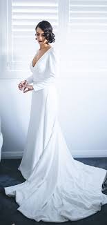 White Satin Long Sleeve V Neck With Train Simple Wedding Dresses Db0164 Wedding Dresses Satin Wedding Dresses Simple Wedding Dress Long Sleeve