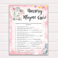 Mother goose nursery rhyme game for baby showers and 1st birthday parties. Nursery Rhyme Quiz Game Printable Baby Shower Games Pink Etsy Pink Elephants Baby Shower Baby Shower Fun Baby Advice