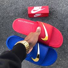 Black And Gold Nike Slides Red Or Blue Slides Shoes Nike Nike Slippers Nike Flip Flops
