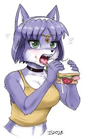 94026 - safe, artist:johnjoseco, krystal (star fox), canine, fox, mammal,  anthro, nintendo, star fox, 2021, blue body, blue fur, blue hair, breasts,  choker, clothes, elbow fluff, eyebrows, eyelashes, female, fluff, food, fur,