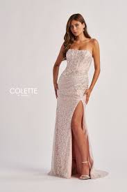 Colette CL8595 Strapless Corset Metallic Lace Dress - MadameBridal.com