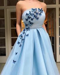 Pale Blue Satin Strapless Butterfly Applique Prom Dresses Db1096 In 2020 Prom Dresses Blue Evening Dresses Long Fashion Dresses