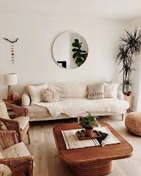 Beige Linen Couch And House Plants And Circle Mirror Living Room Minimalistic Home Bright Home Bright Living Room Minimalist Living Room Cozy Apartment Decor