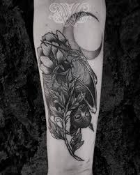 A Little Fruit Bat Hanging Upside Down Had So Much Fun Tattooing This One Kiitos Anna Blackworktat Bats Tattoo Design Unique Sister Tattoos Bat Tattoo