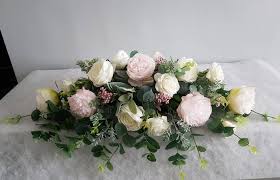 Silk Pink Blush Wedding Top Table Arrangement Long Low Silk Etsy In 2020 Wedding Top Table Wedding Floral Centerpieces Pink Flower Arrangements