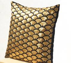 Black And Gold Throw Pillows Gold Sequin Pillows Embroidered Waves Black Pillow Covers Black Gold Cushion Cover Zipper Throw Pillo Gold Pillows Black Pillow Covers Gold Throw Pillows