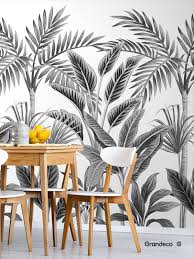 Black And White Tropical Mural Wallpaper Digital Wallpaper With A Tropical Leaf Print In 2020 Jungle Wallpaper Jungle Mural Abstract Wallpaper Design