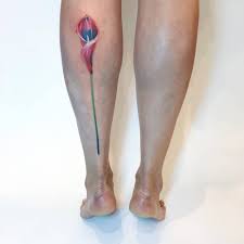 Butterfly and purple lily tattoo on right foot. Watercolor Style Red Calla Lily Tattoo On The Left