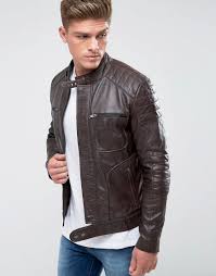Barneys Originals Real Leather Quilted Biker Jacket Brown