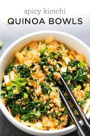 Spicy Kimchi Quinoa Bowls 15 Minute Meal Simply Quinoa Recipe Vegetarian Recipes Healthy Recipes Recipes