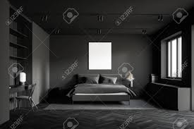 Black headboard weathered king size, hanger style, handcrafted. Interior Of Stylish Bedroom With Grey Walls Dark Wooden Floor Stock Photo Picture And Royalty Free Image Image 143495665