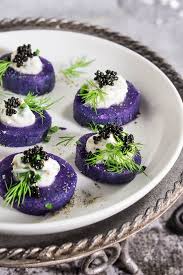 Purple Potato Bites With Horseradish Creme Fraiche And Caviar Viktoria S Table Recipe Purple Potatoes Potato Bites Food