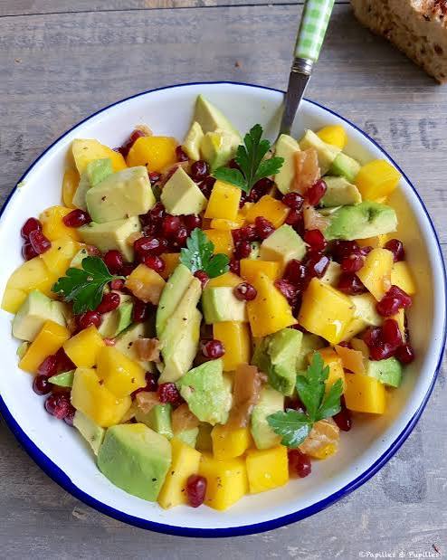Salade d’avocat, mangue, grenade et citron confit