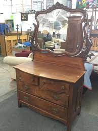 New standout pieces added daily. Lot Antique Oak Curved Front Vanity Dresser With Mirror And Original Pulls As Is