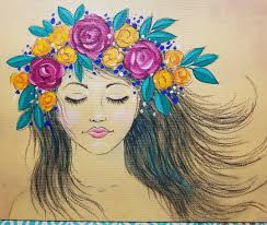 Bohemian Girl With A Crown Of Flowers In Her Hair Acrylicpainting Tutorial By Angela Anderson Angelafineart Boho Canvas Art Bohemian Art Painting Tutorial