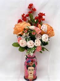Frida Decor Frida Kahlo Glass Vase With Coordinating Silk Etsy Frida Kahlo Party Decoration Silk Flower Arrangements Flower Arrangements