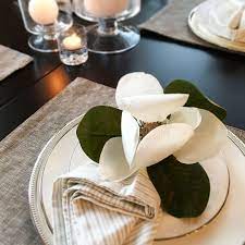 Magnolia Napkin Rings And Sterling Silver Charges Shine In In This Modern Place Setting I Used Clear Candle Clear Candle Holders White Candles Mindful Eating