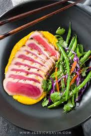 This easy seared tuna steak recipe is a great healthy recipe that you can whip up in no time. Seared Ahi Tuna With Sesame Green Beans Jessica Gavin