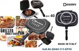 A flat surface and a riffled surface. Doubel Sided Grill Pan