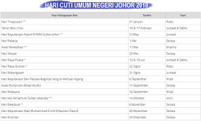 Hari cuti umum bagi negeri johor yang dikeluarkan secara rasmi oleh pejabat setiausaha kerajaan negeri johor. Jadual Cuti Umum Negeri Johor Tahun 2018 Informasi Santai
